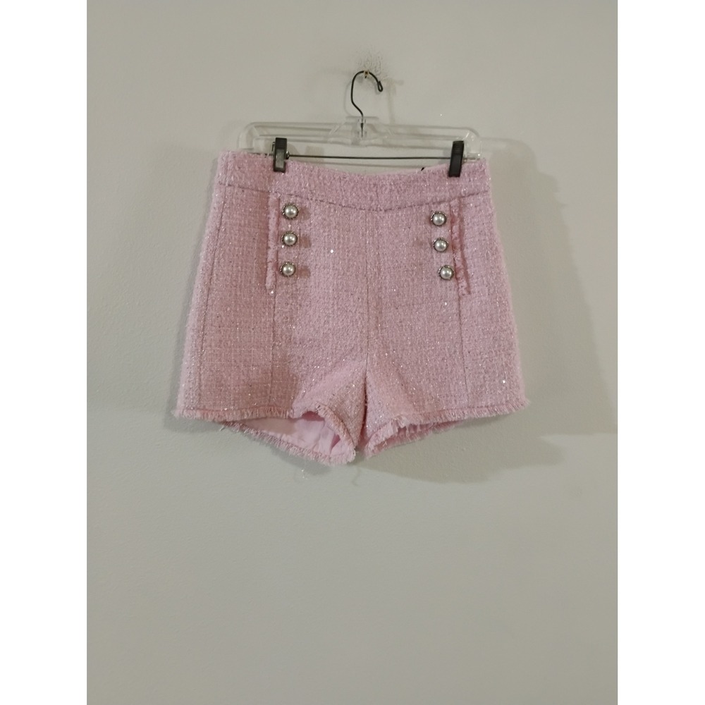 Fashion Nova Deanna Tweed Short Pink High Waisted Pearl Button C99253 Size L NEW